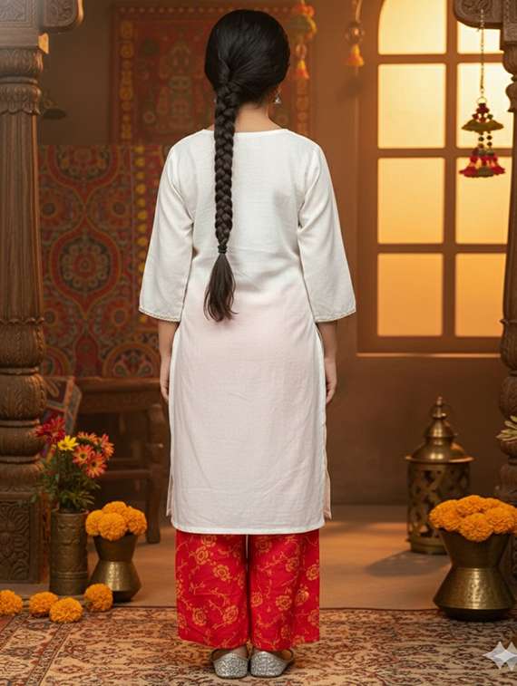 girls three quarter sleeve straight kurta - 22289347 -  Standard Image - 3