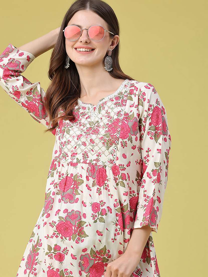 women printed three quarter sleeves a-line kurti