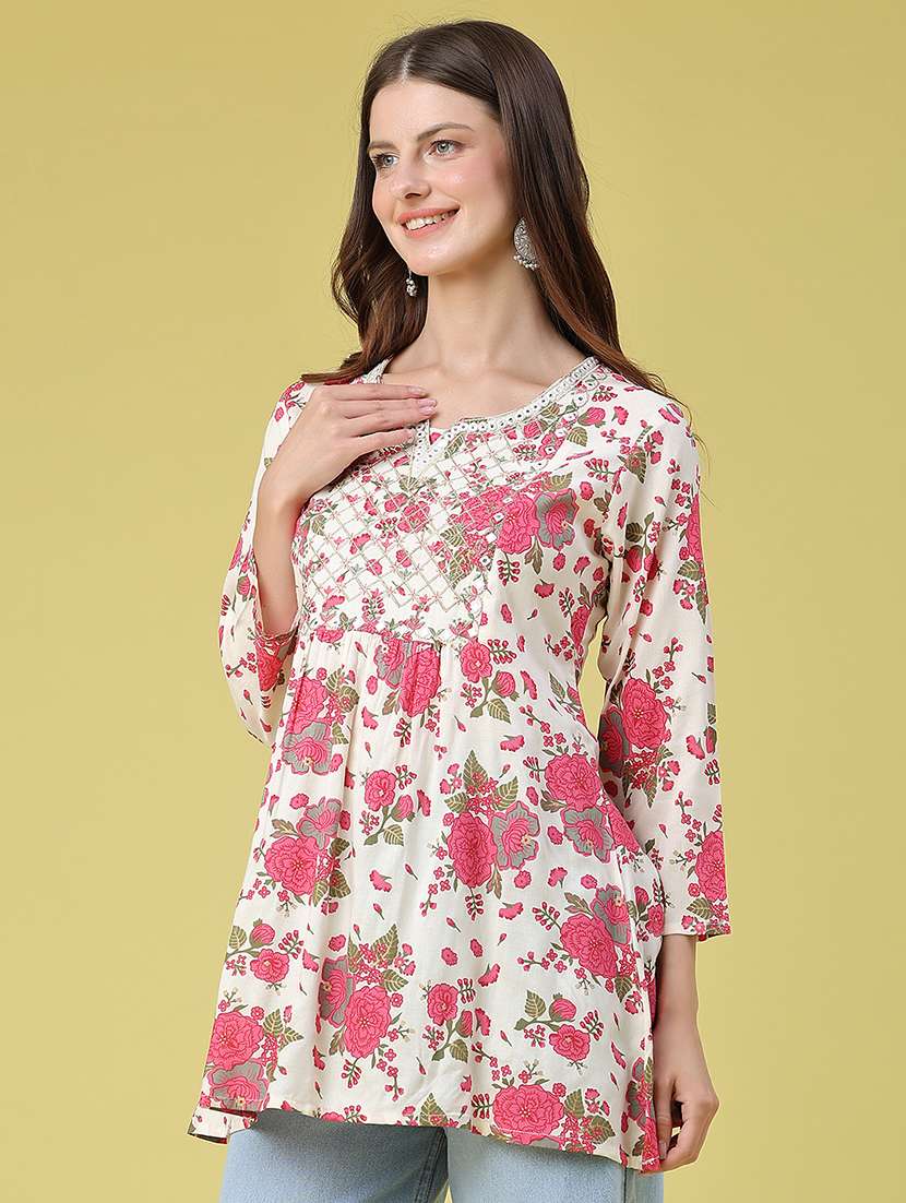 Women Printed Three Quarter Sleeves A-line Kurti - 22289495 -  Standard Image - 3
