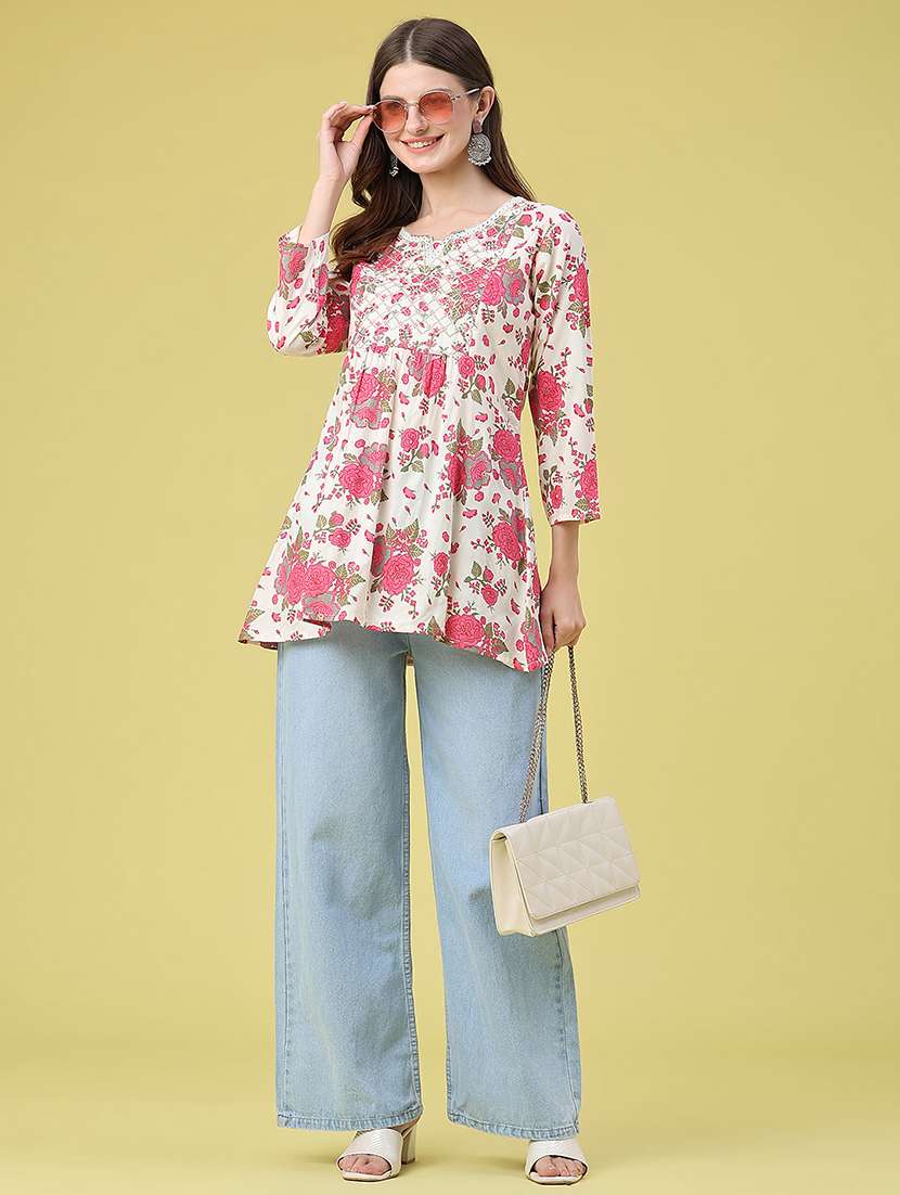 Women Printed Three Quarter Sleeves A-line Kurti - 22289495 -  Standard Image - 5