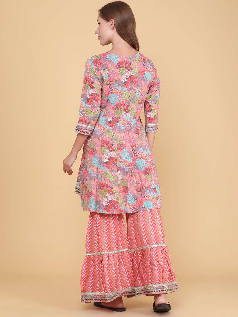 Women Printed Three Quarter Sleeve Kurta Sharara With Dupatta Set - 22290177 -  Standard Image - 3