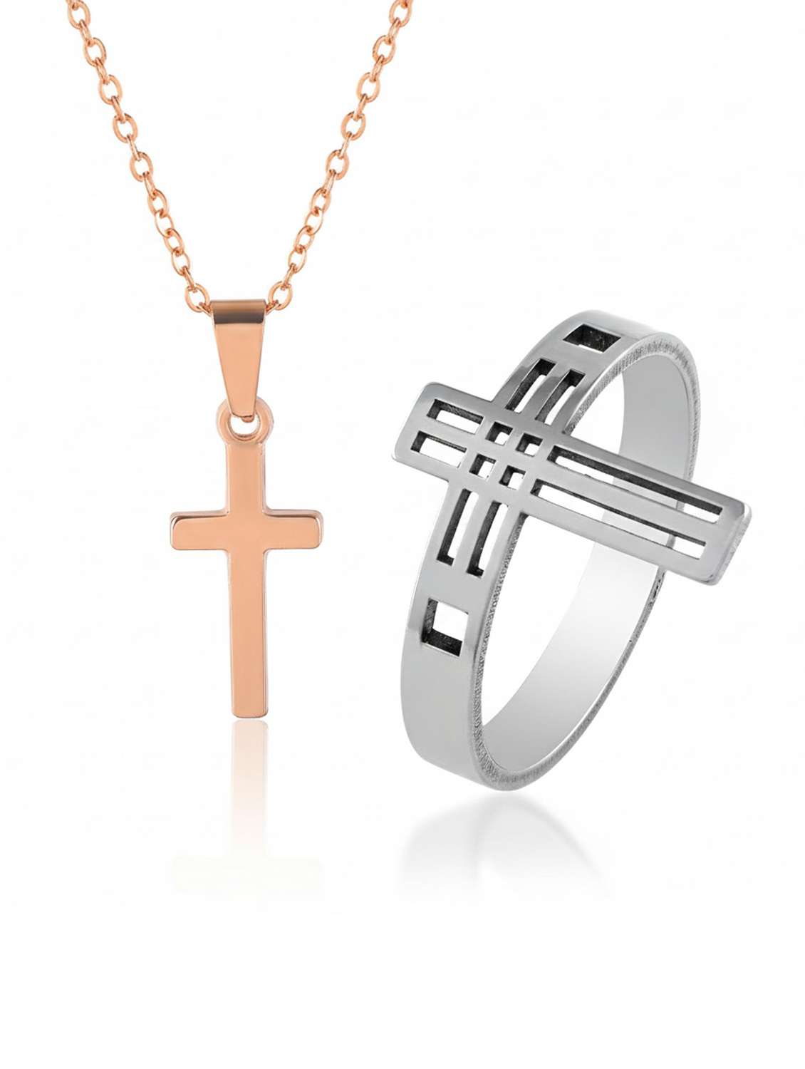 stainless steel cross finger ring and rose gold plated cross pendant 