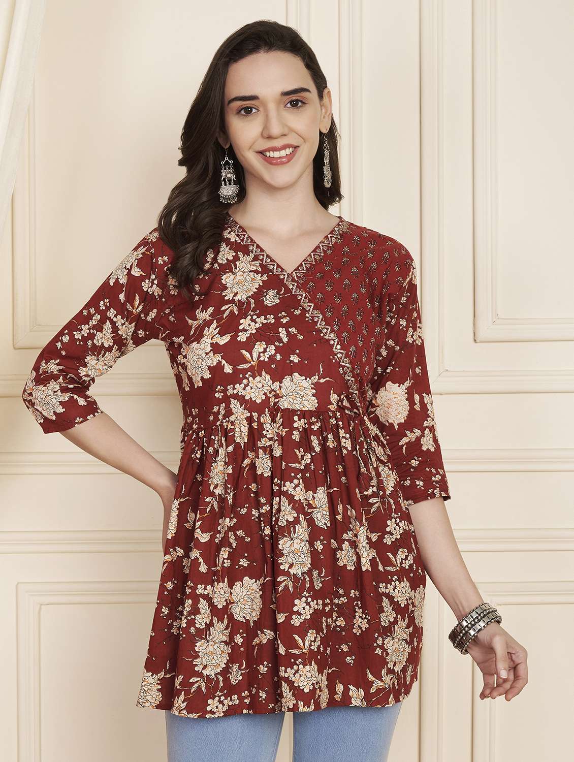 women printed three quarter sleeve flared kurti