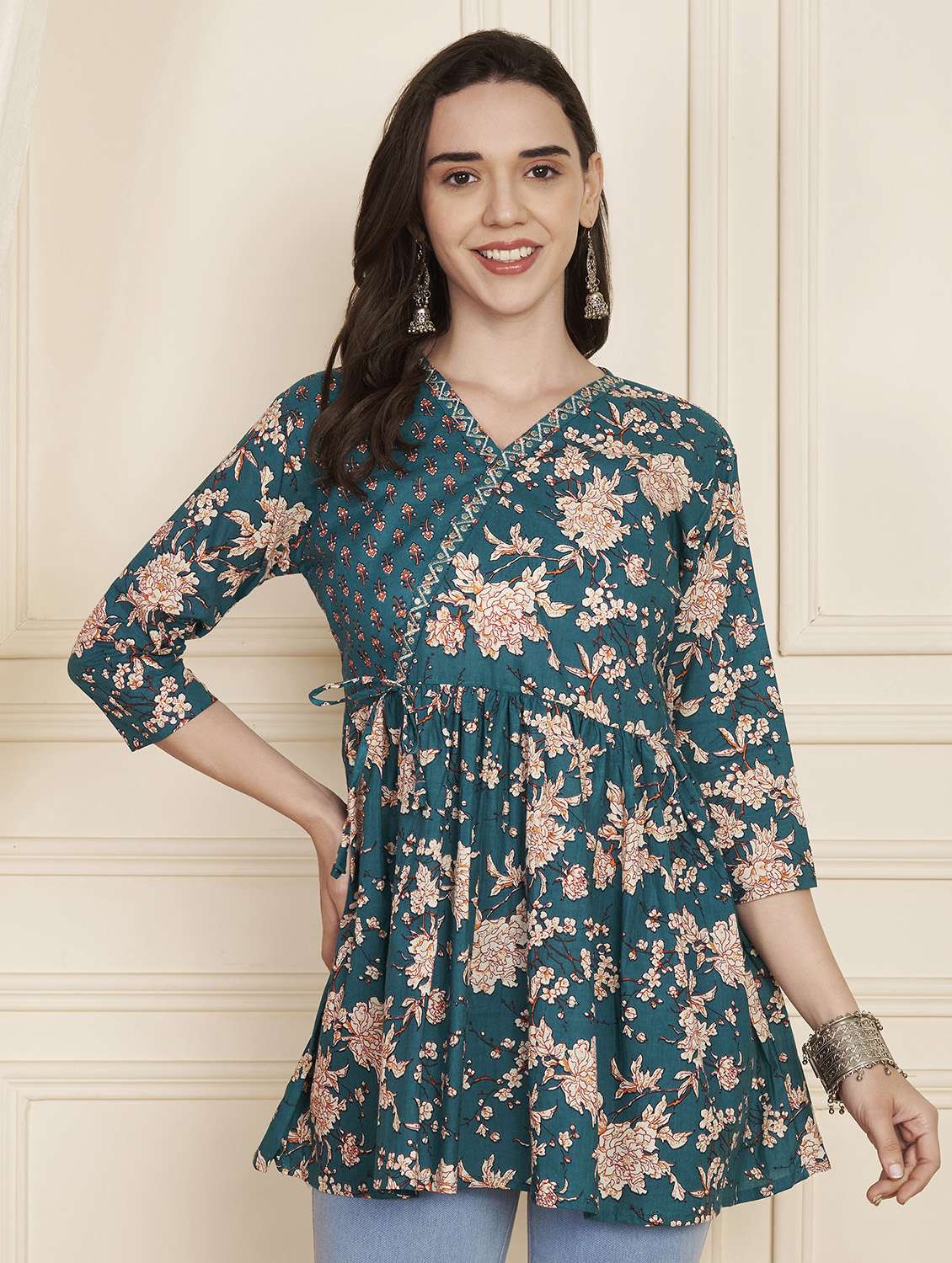 women floral three quarter sleeve angrakha kurti