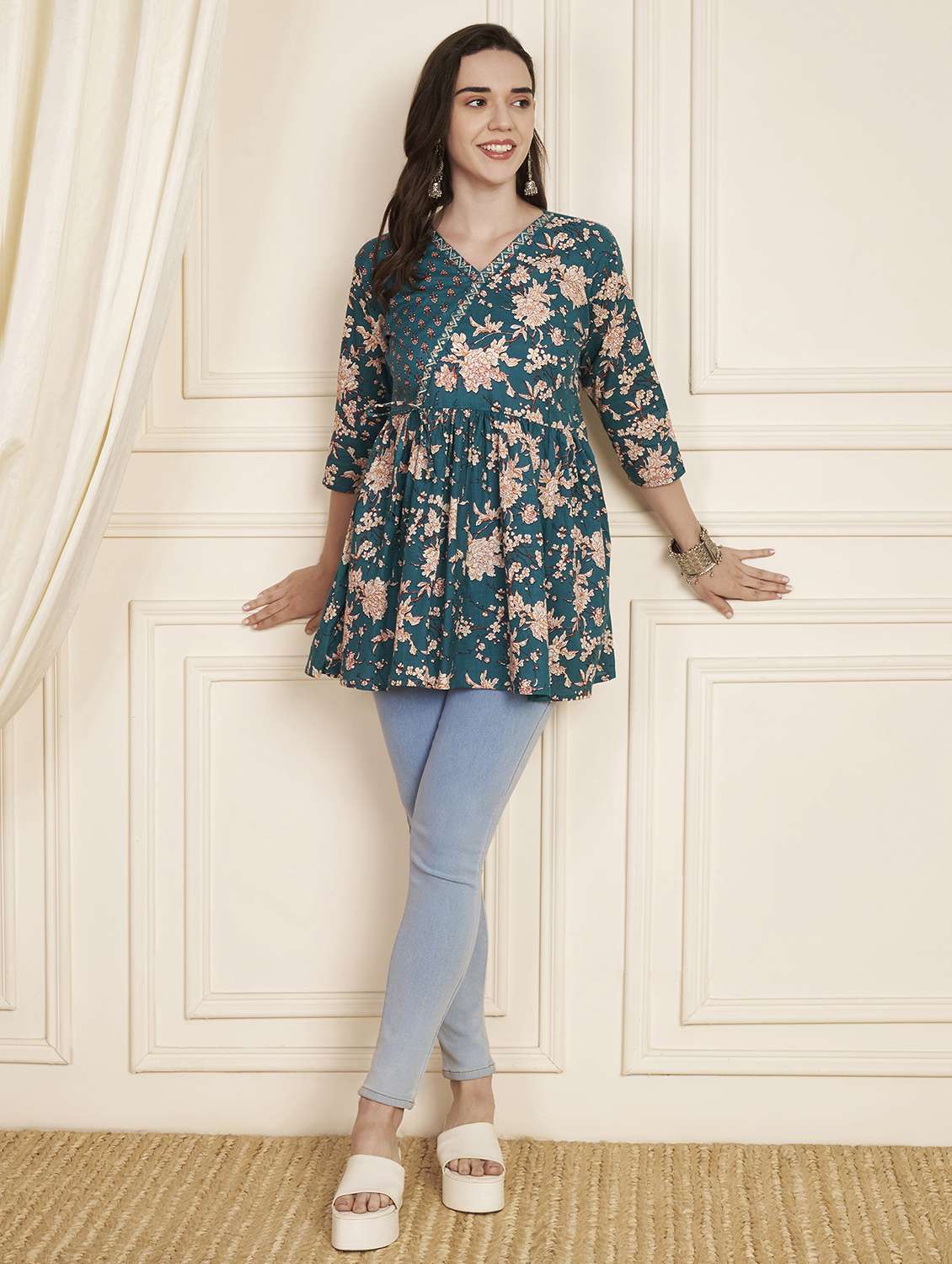 women floral three quarter sleeve angrakha kurti - 22290396 -  Standard Image - 5