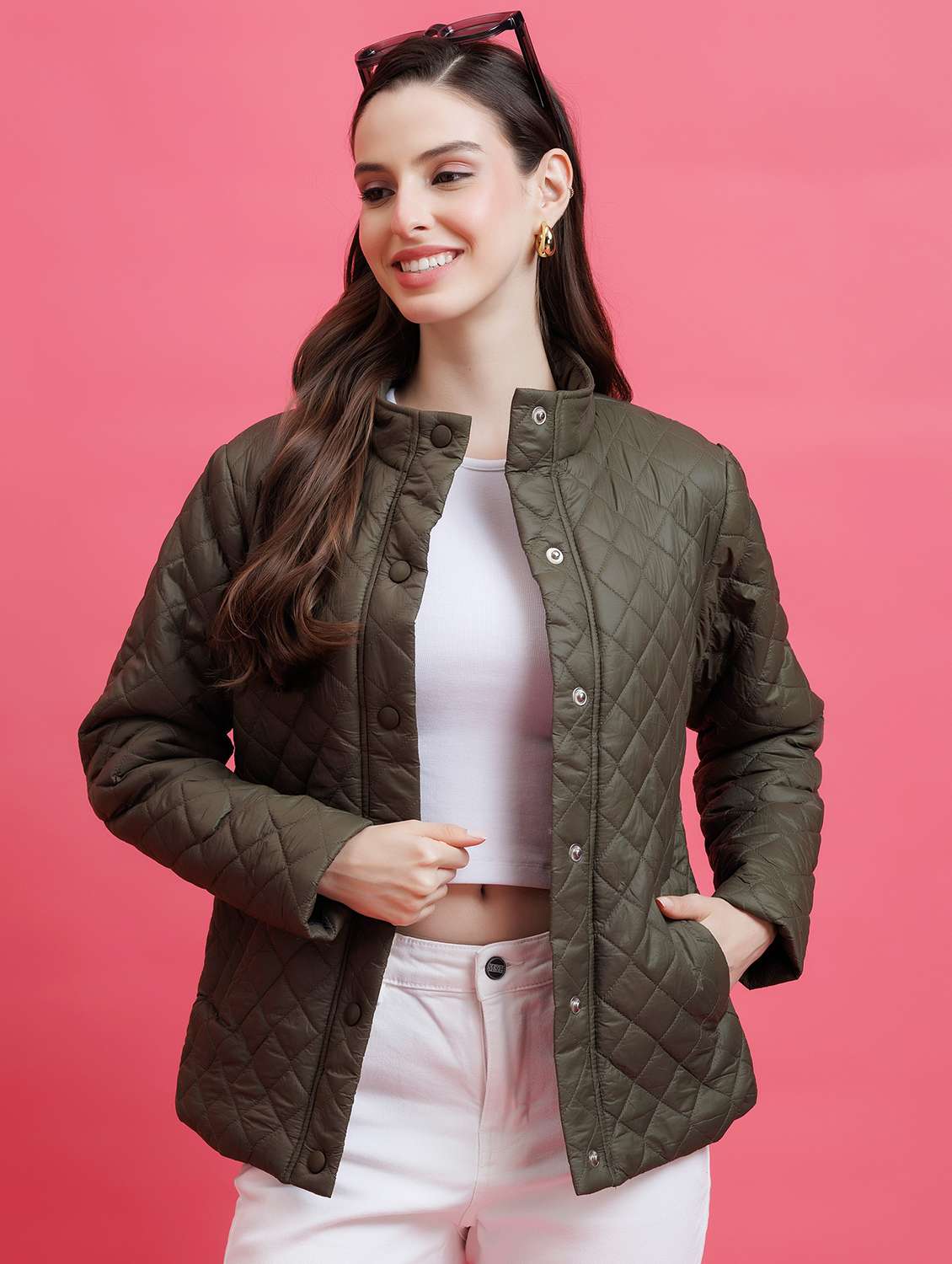 women solid long sleeve quilted jacket