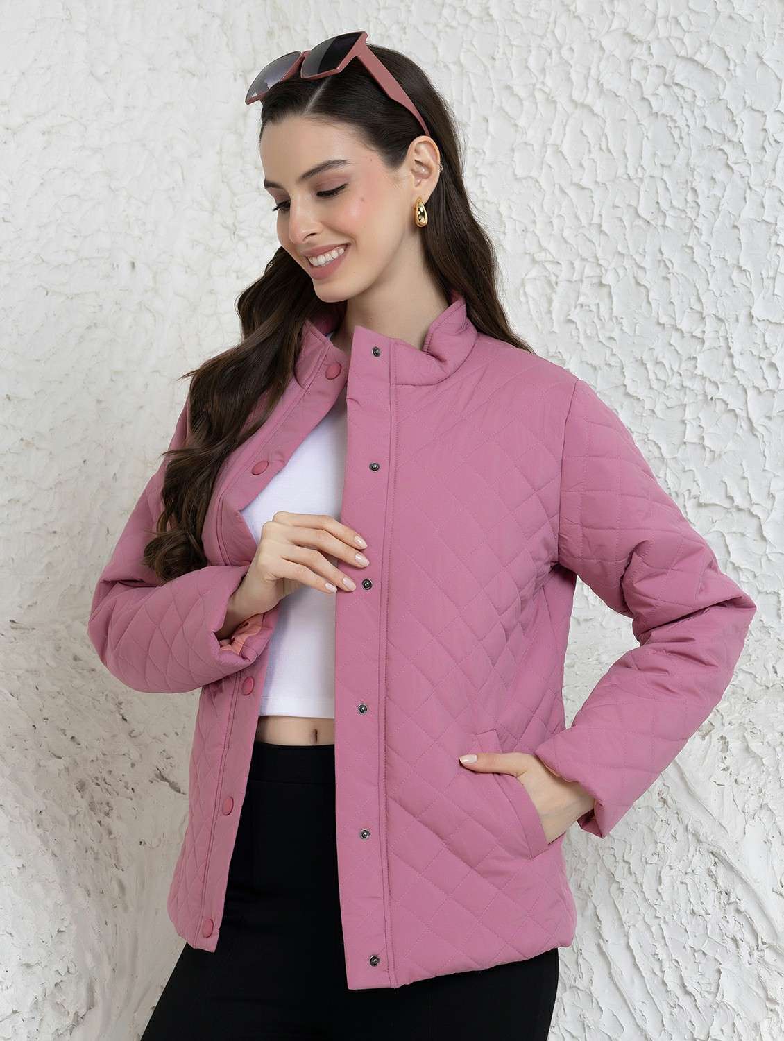women solid stand collar long sleeve quilted jacket