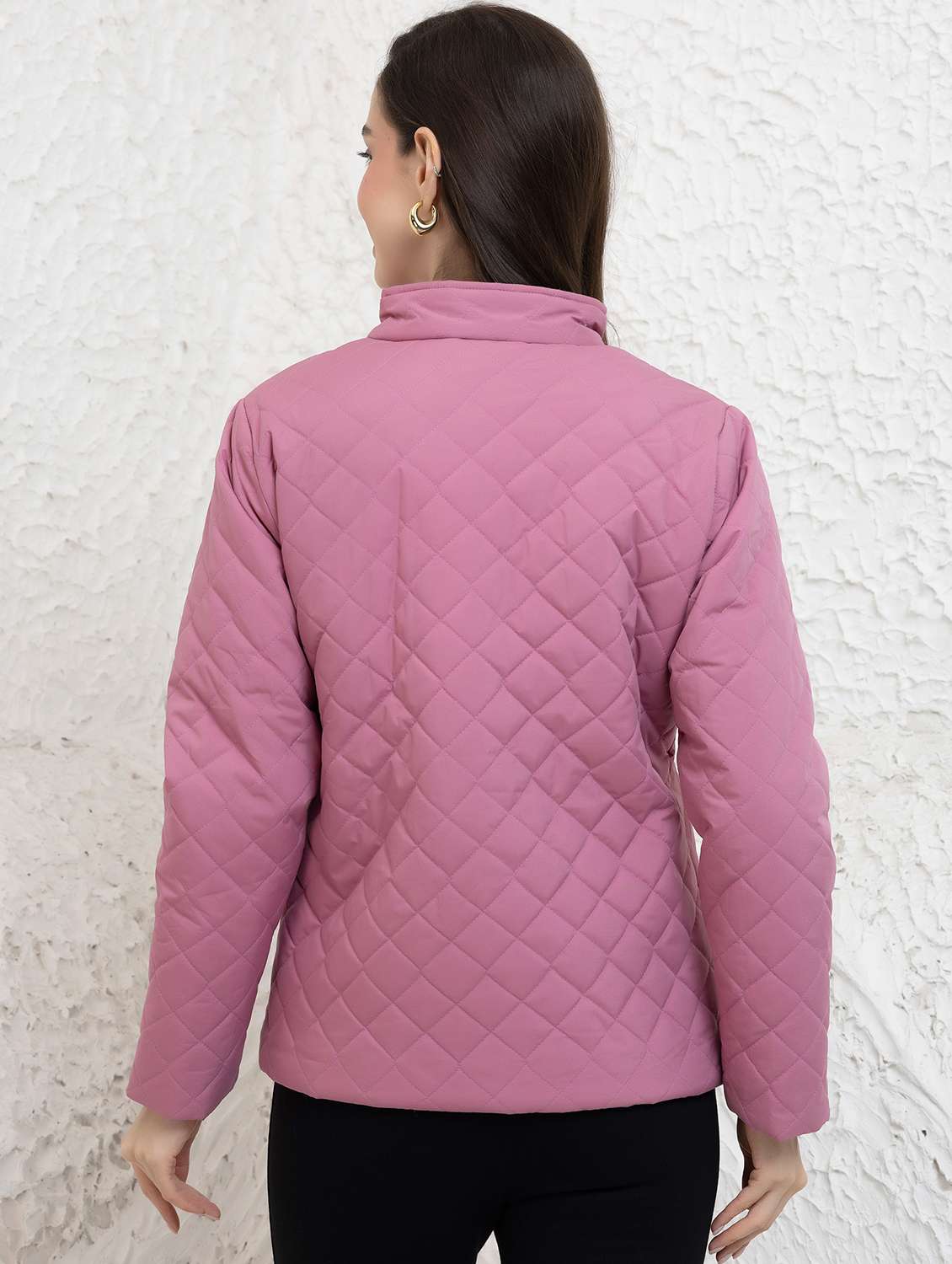 women solid stand collar long sleeve quilted jacket - 22290410 -  Standard Image - 3