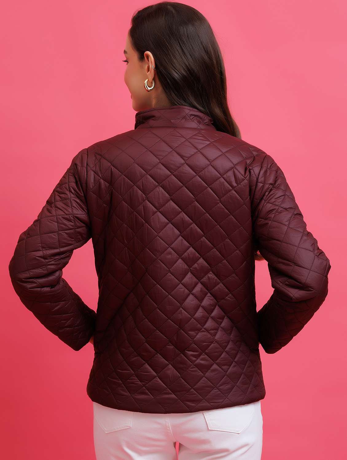 women solid stand collar long sleeve quilted jacket - 22290412 -  Standard Image - 3