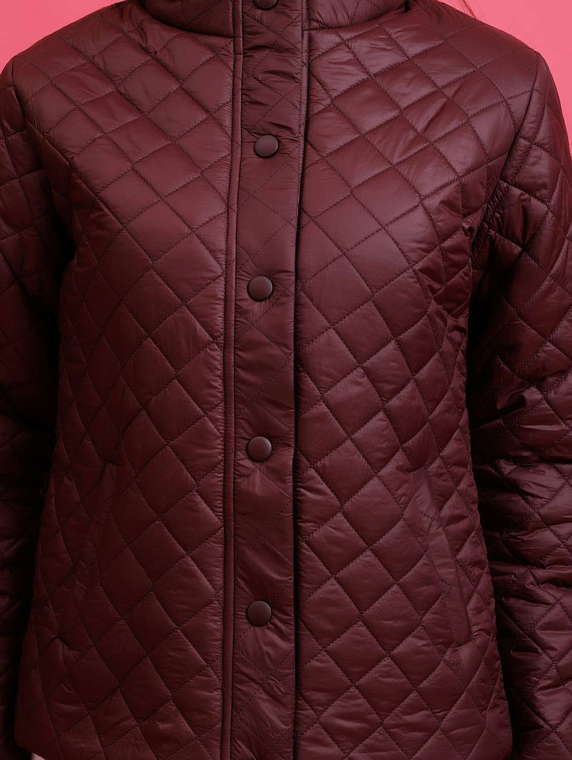 women solid stand collar long sleeve quilted jacket - 22290412 -  Standard Image - 5