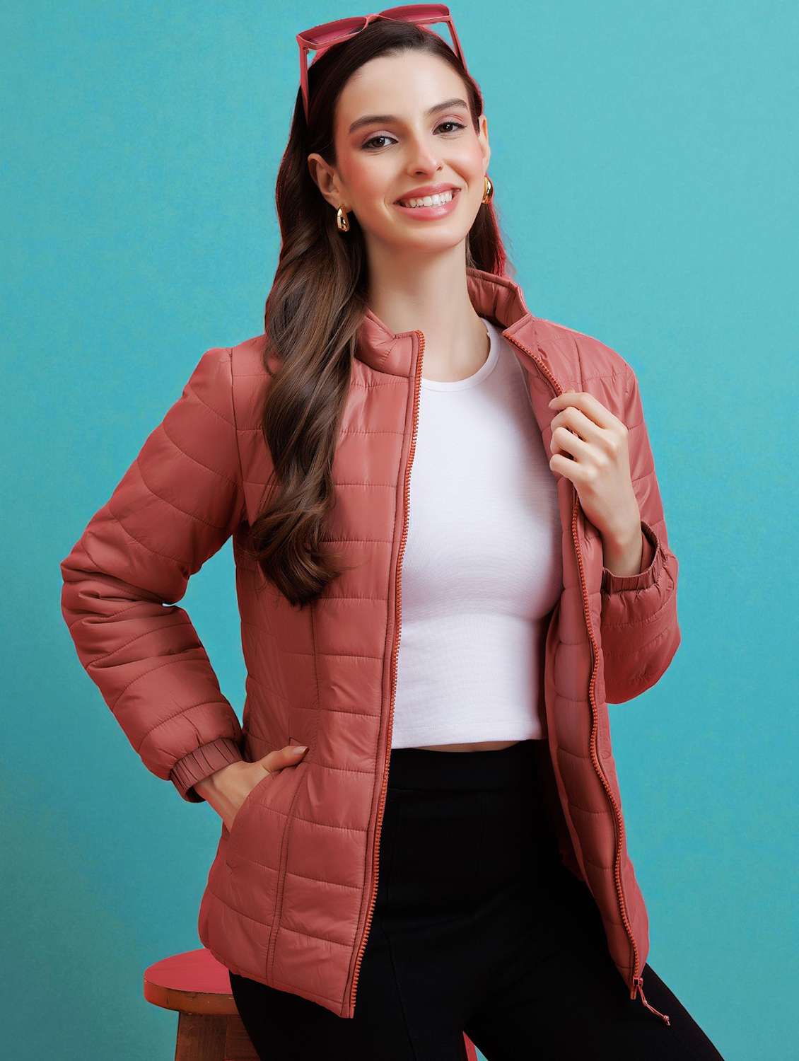 women solid long sleeve quilted jacket