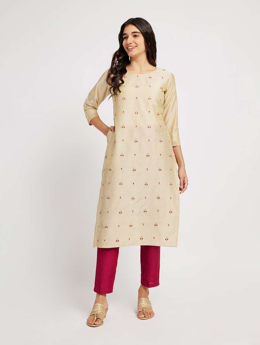 women solid with work three quarter sleeve straight kurta