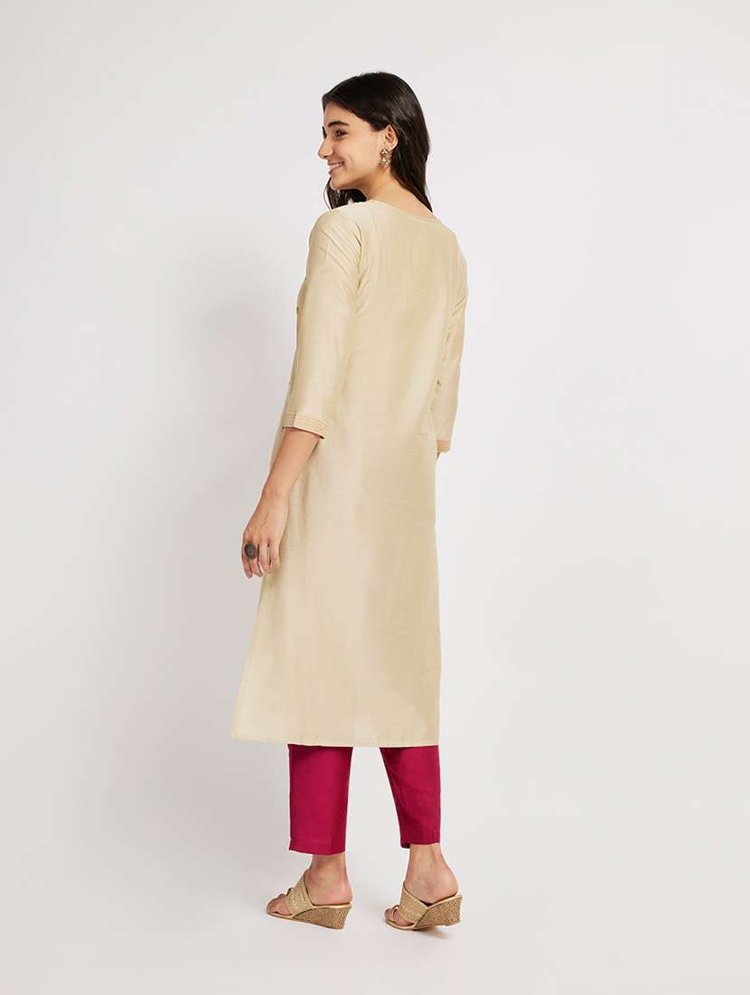 women solid with work three quarter sleeve straight kurta - 22290492 -  Standard Image - 3