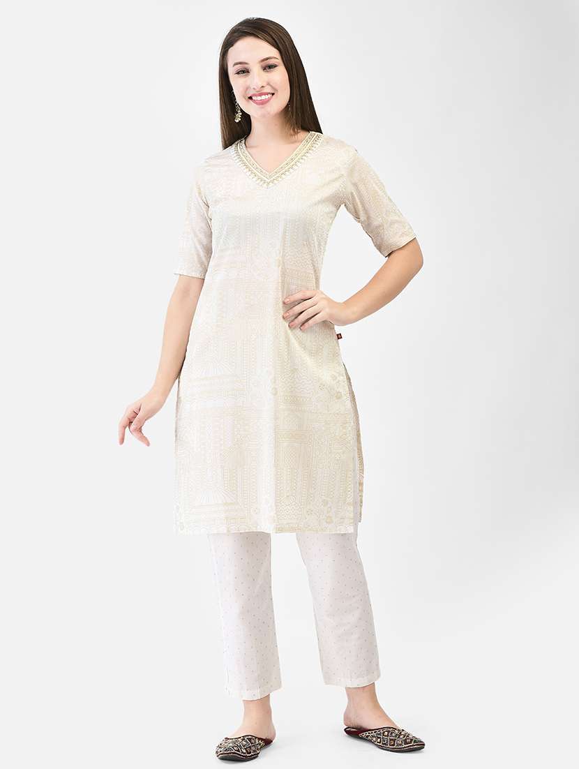 women printed short sleeve straight kurta