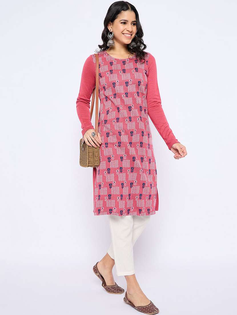 women printed long sleeve straight kurta 