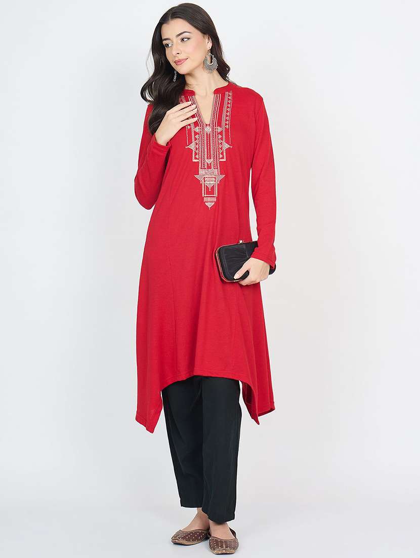 women solid with work long sleeve winter wear kurta 