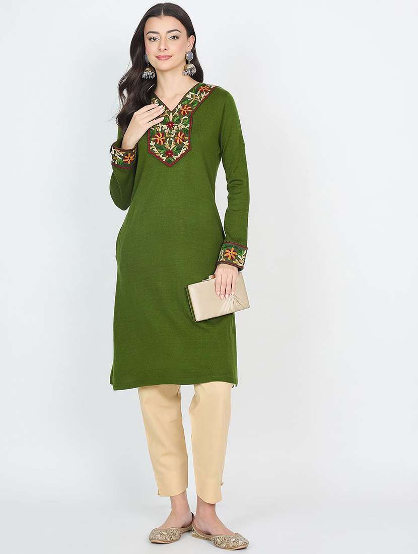 women solid with work long sleeve winter wear kurta 