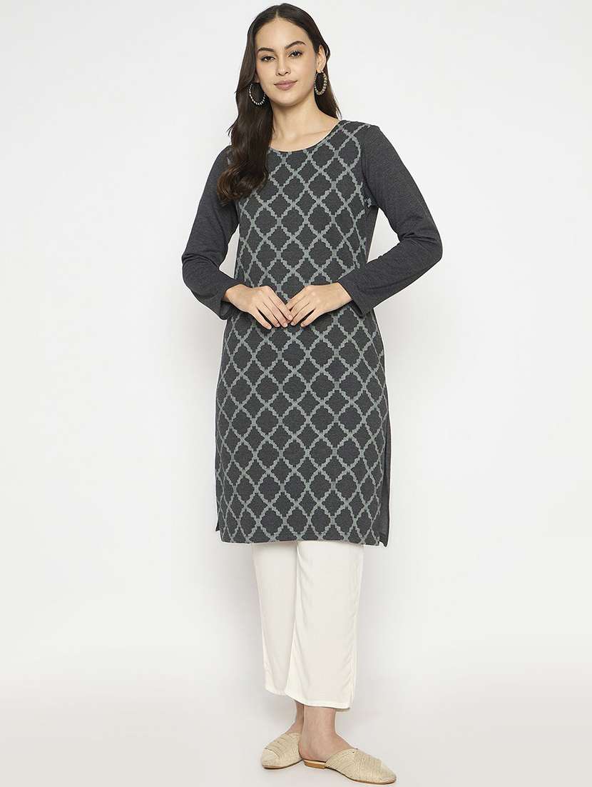 women printed long sleeve winter wear kurta 