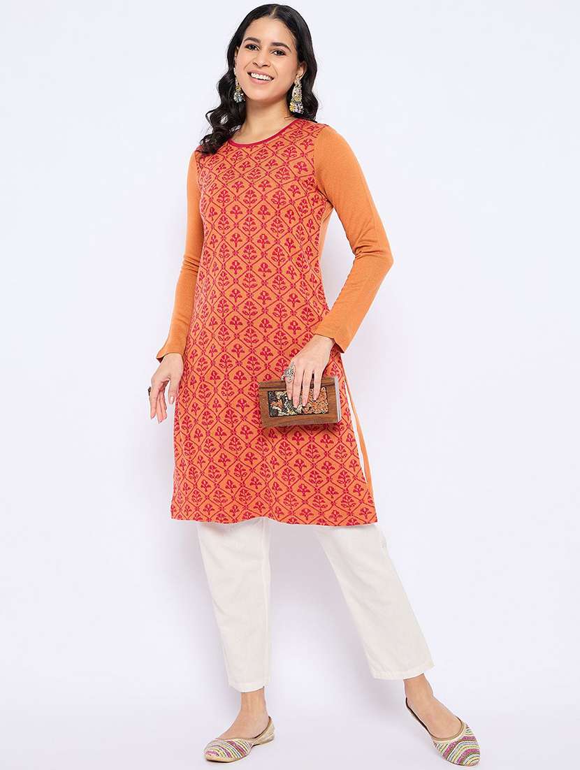women self design long sleeve winter wear kurta 