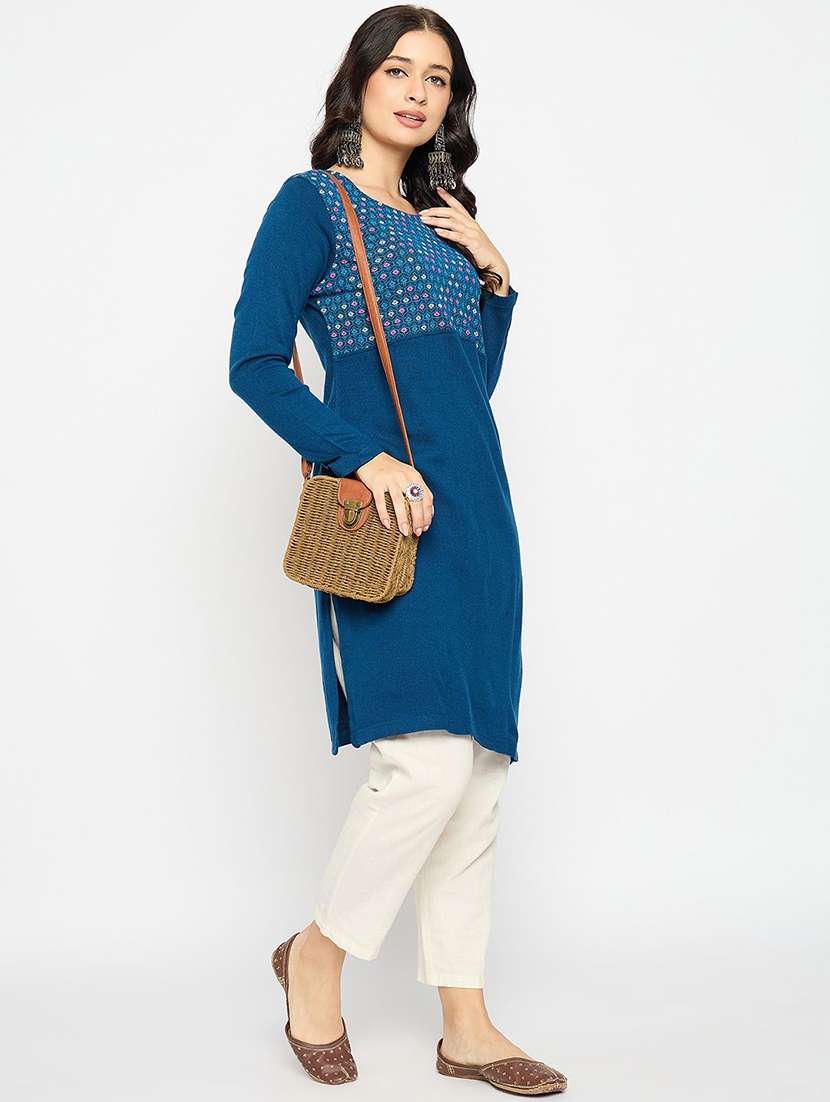 women solid with work long sleeve winter wear kurta 