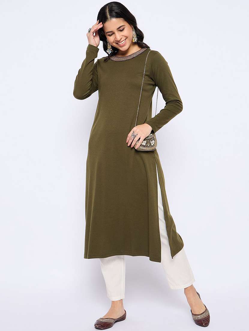 women solid long sleeve winter wear kurta 