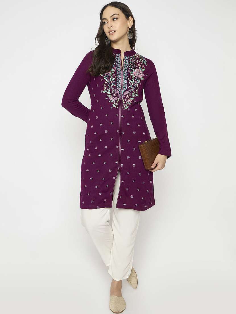 women solid with work long sleeve winter wear kurta 