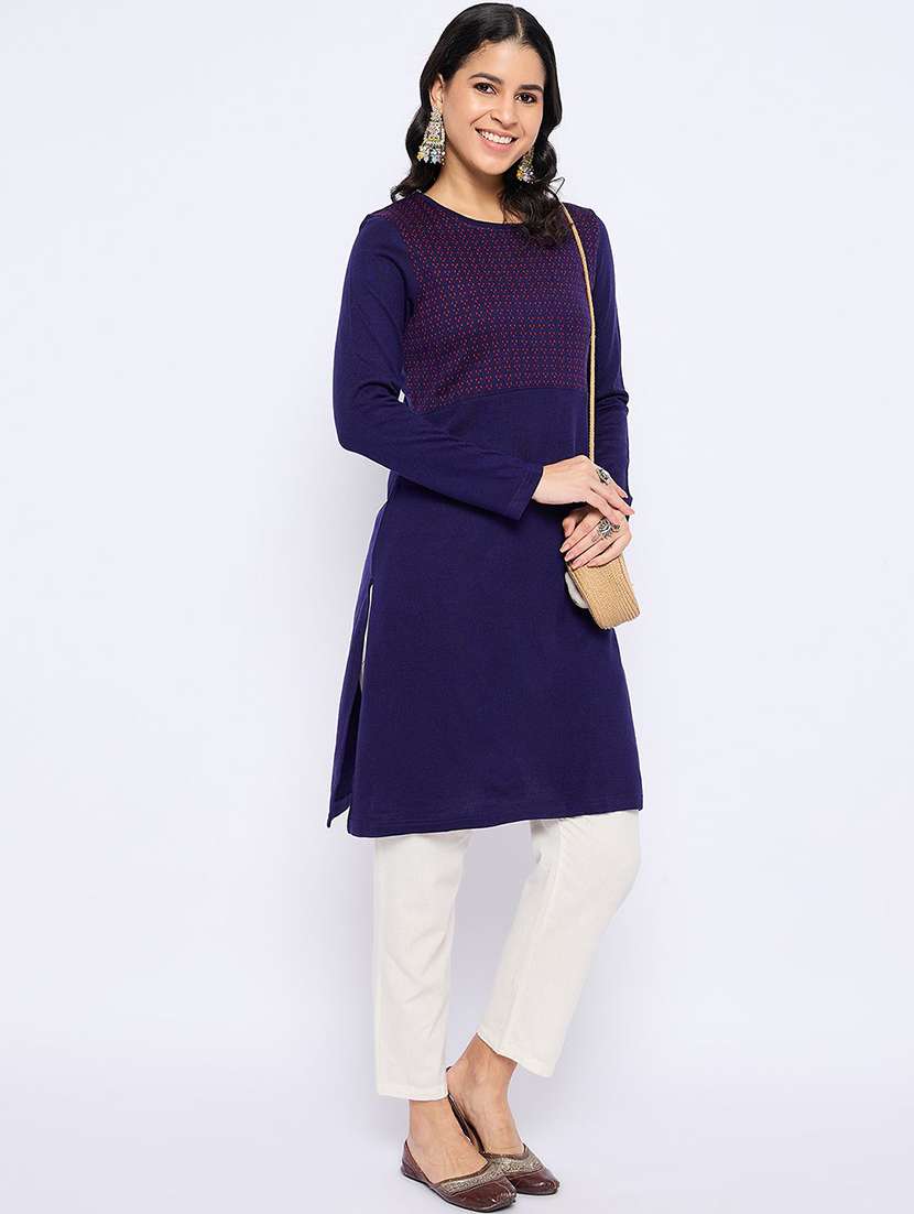 women solid with work long sleeve winter wear kurta 