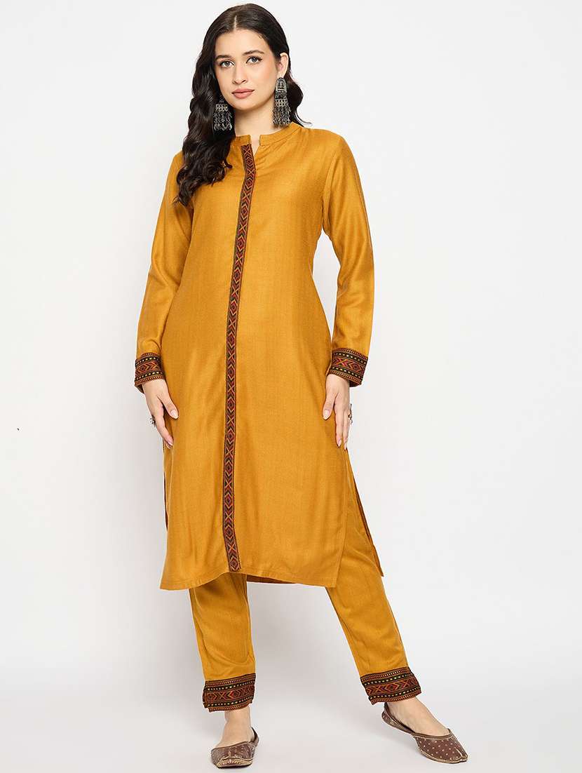 women self design long sleeve kurta pant set