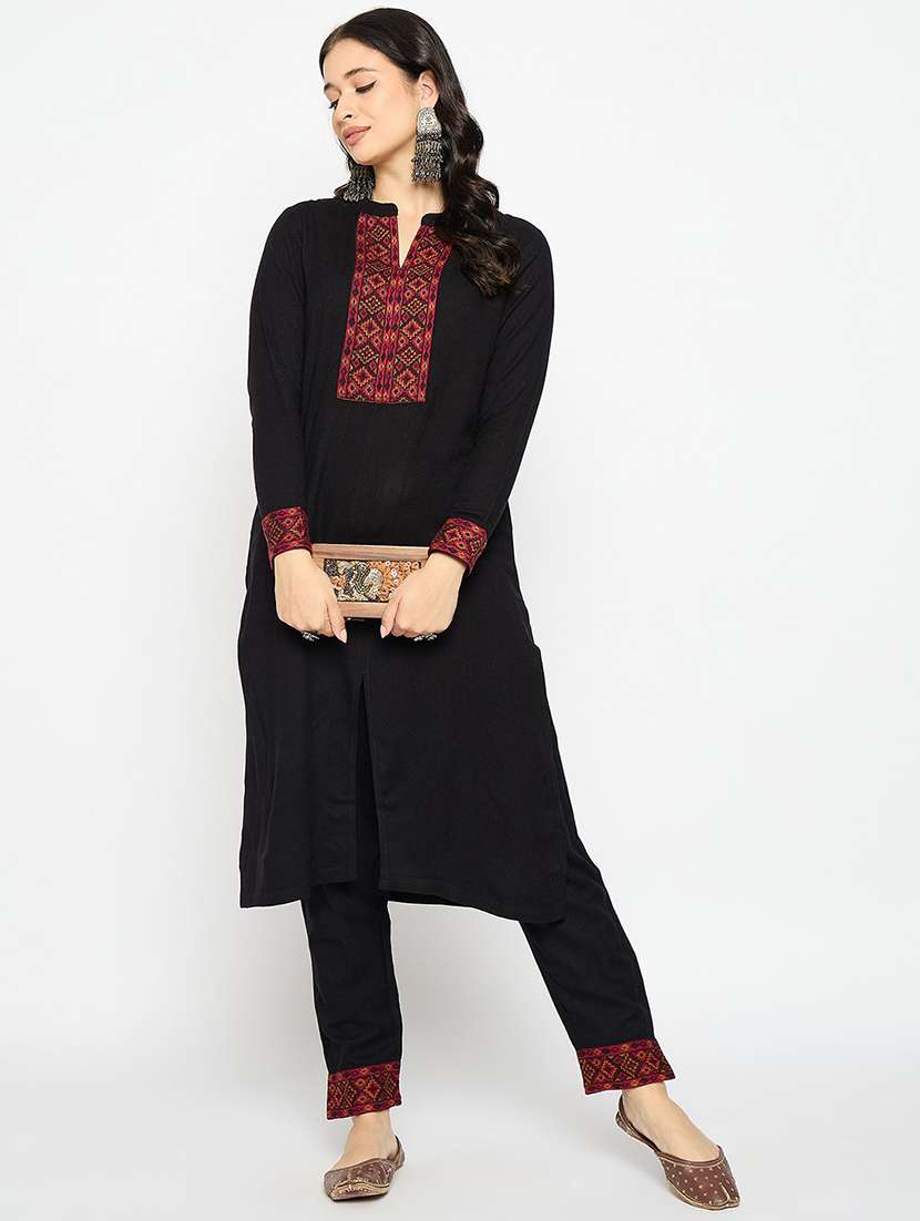women self design long sleeve kurta pant set