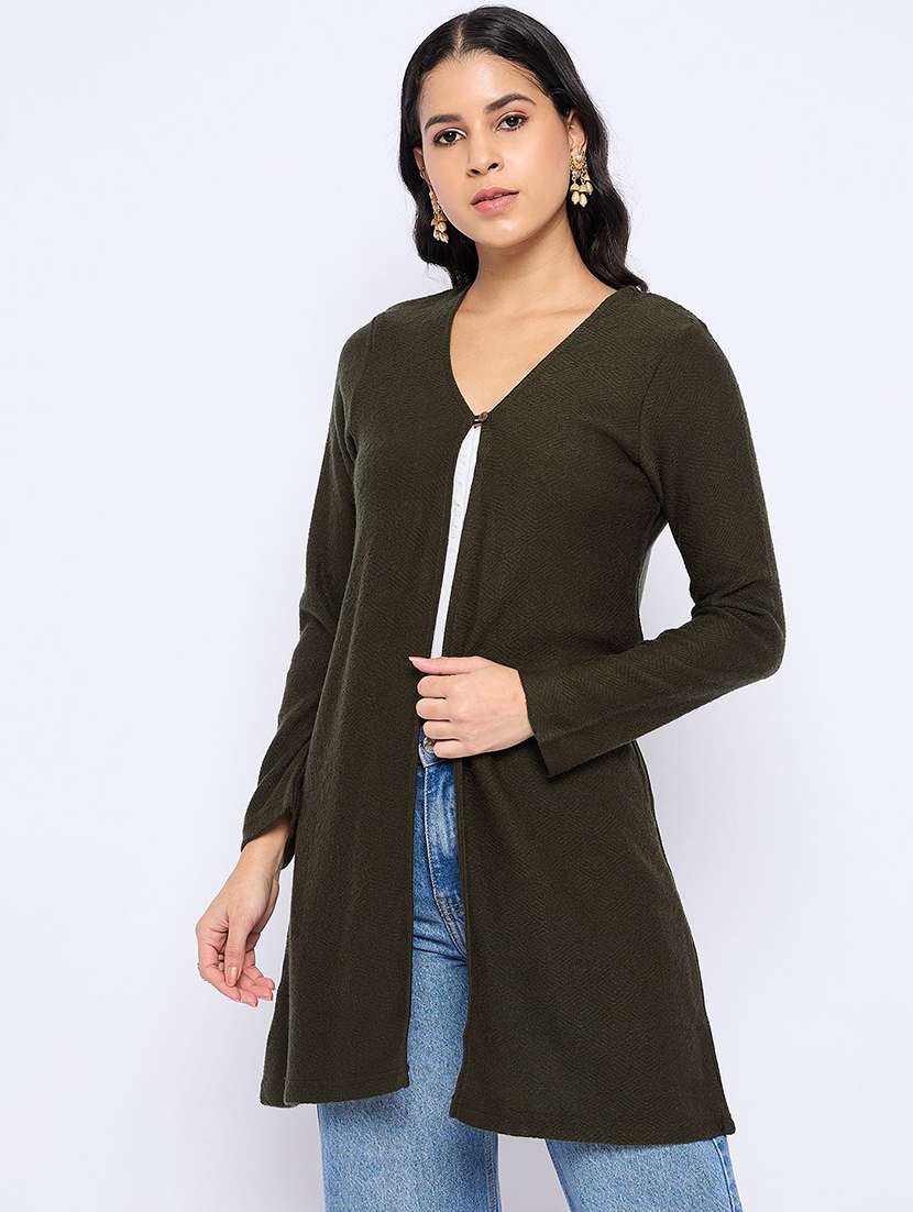 women solid long sleeve woolen shrug