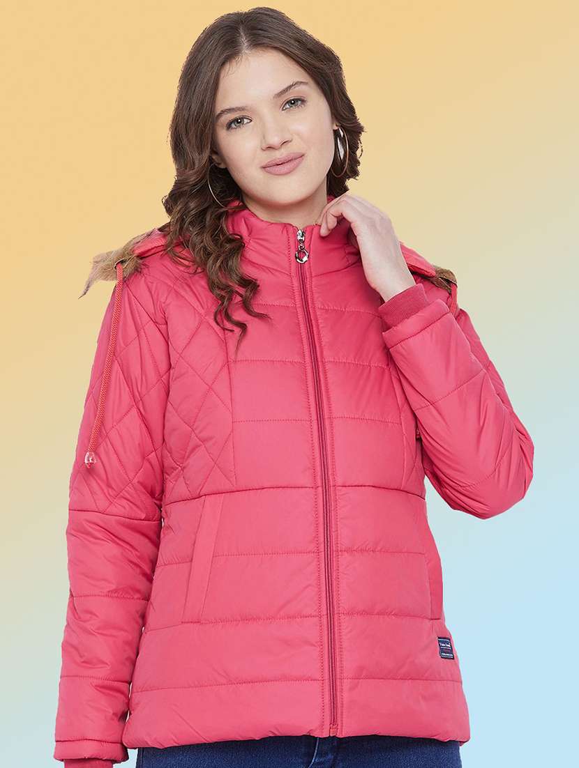 women solid long sleeve hooded quilted jacket