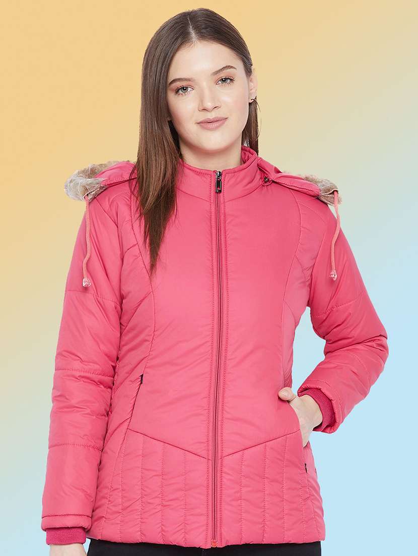 women solid long sleeve hooded quilted jacket