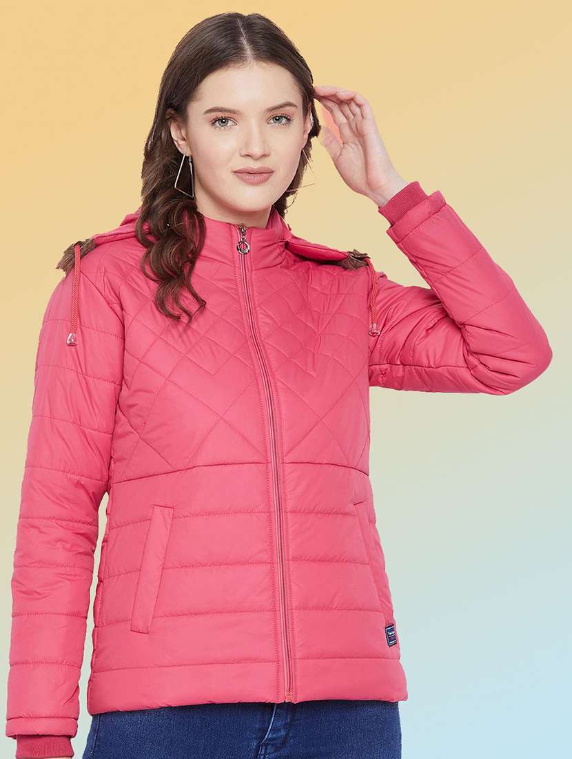 women solid long sleeve hooded quilted jacket