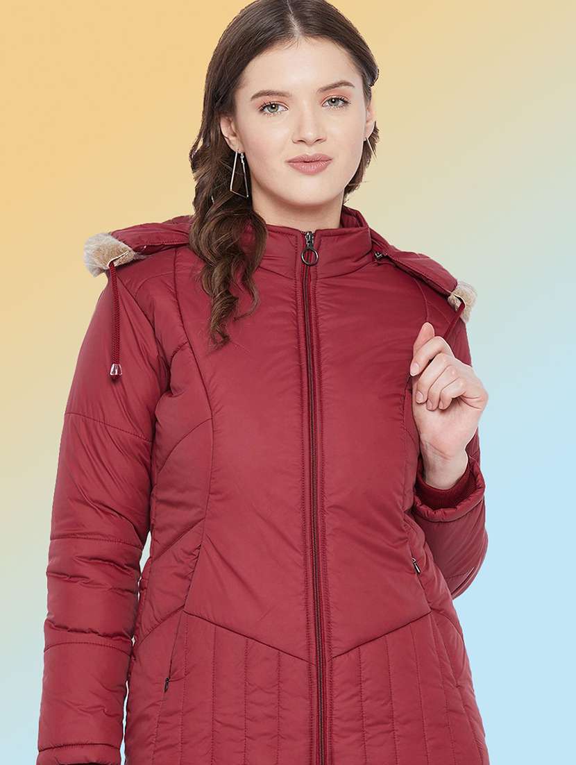 women solid long sleeve hooded quilted jacket