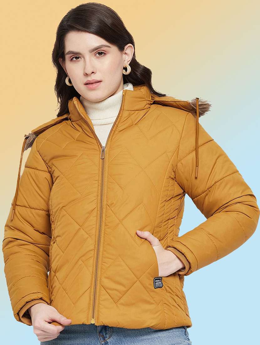 mustard polyester parka women solid long sleeve hooded quilted jacket jacket