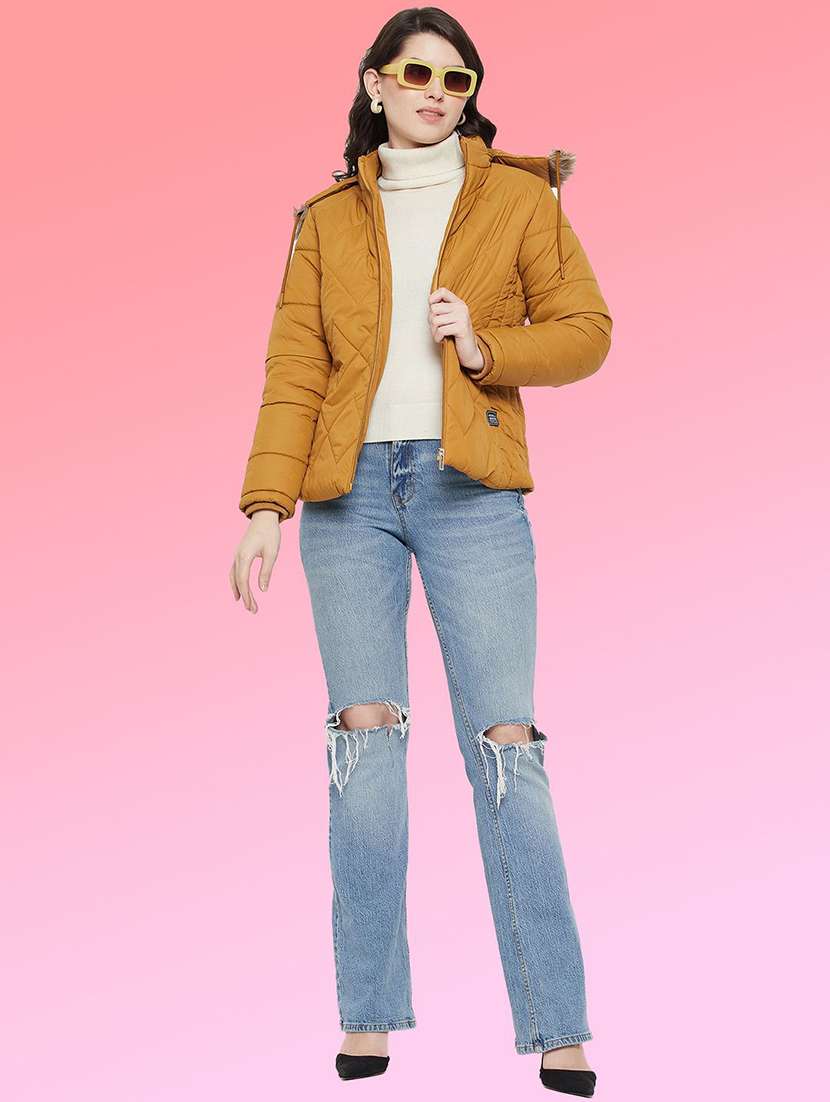 mustard polyester parka women solid long sleeve hooded quilted jacket jacket - 22291298 -  Standard Image - 3