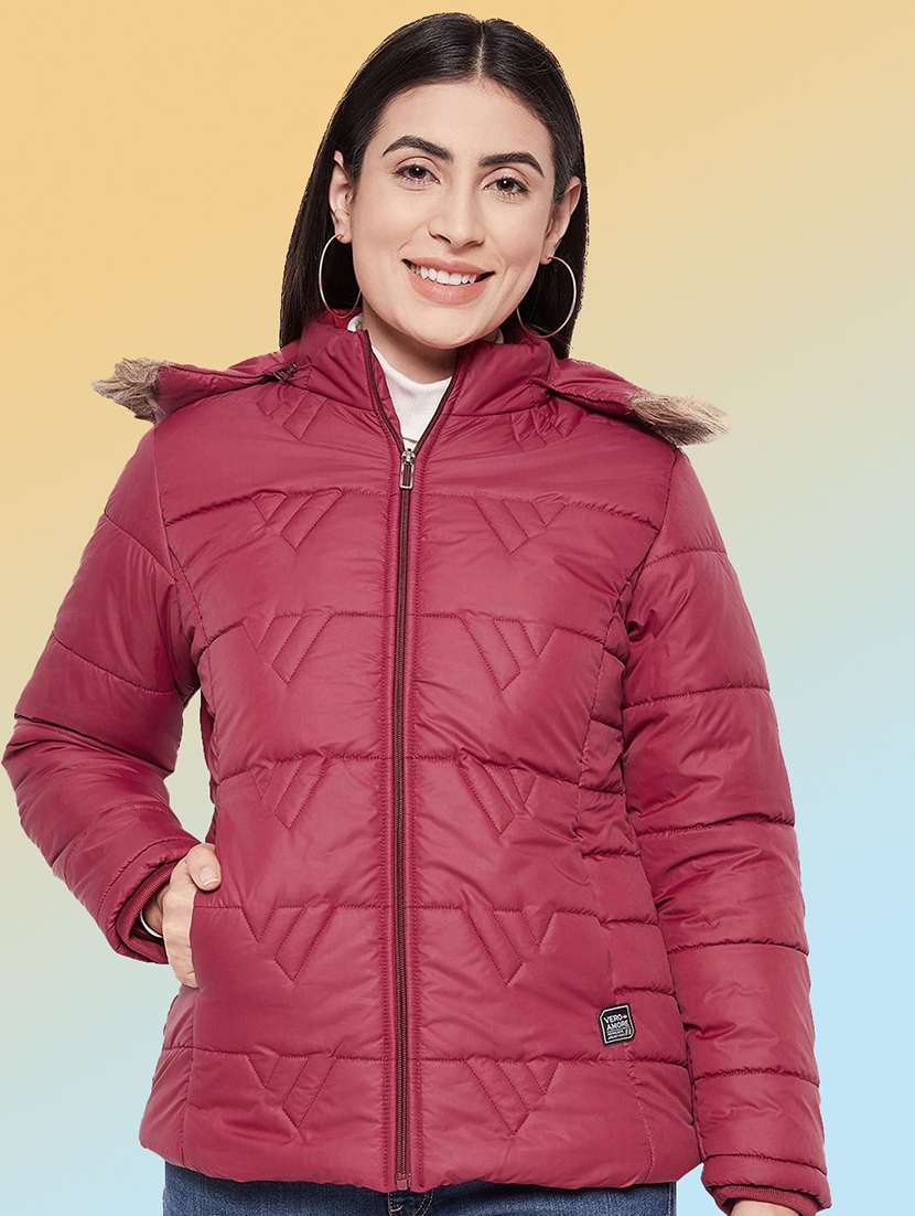 women solid long sleeve hooded quilted jacket