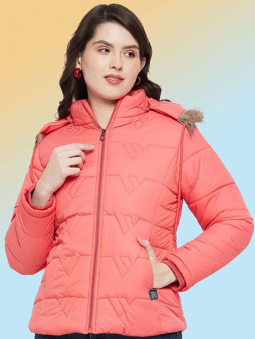 women solid long sleeve hooded quilted jacket