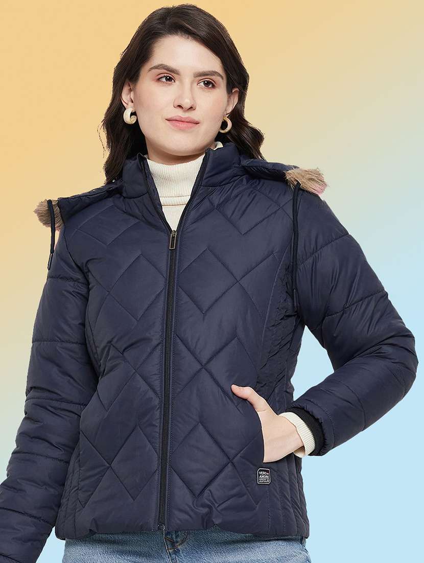women solid long sleeve hooded quilted jacket