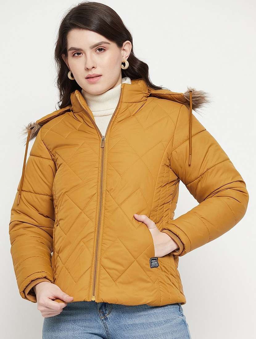 women solid long sleeve hooded quilted jacket