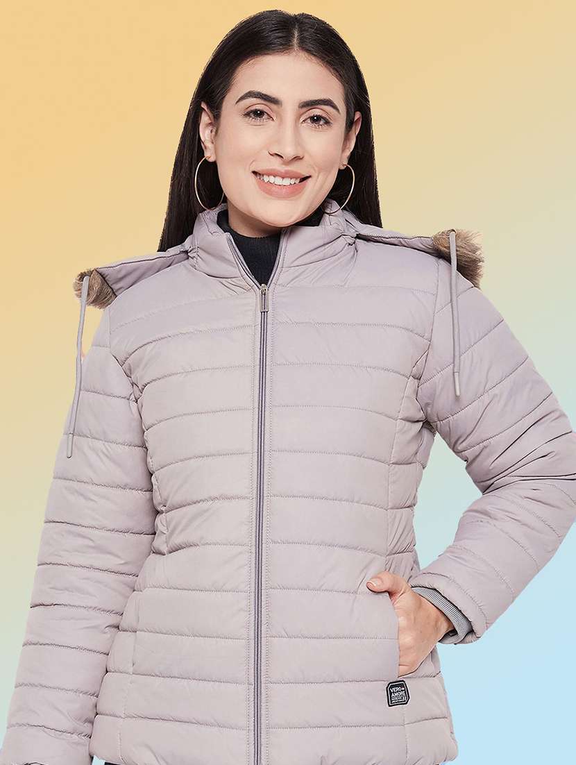 women solid long sleeve hooded quilted jacket