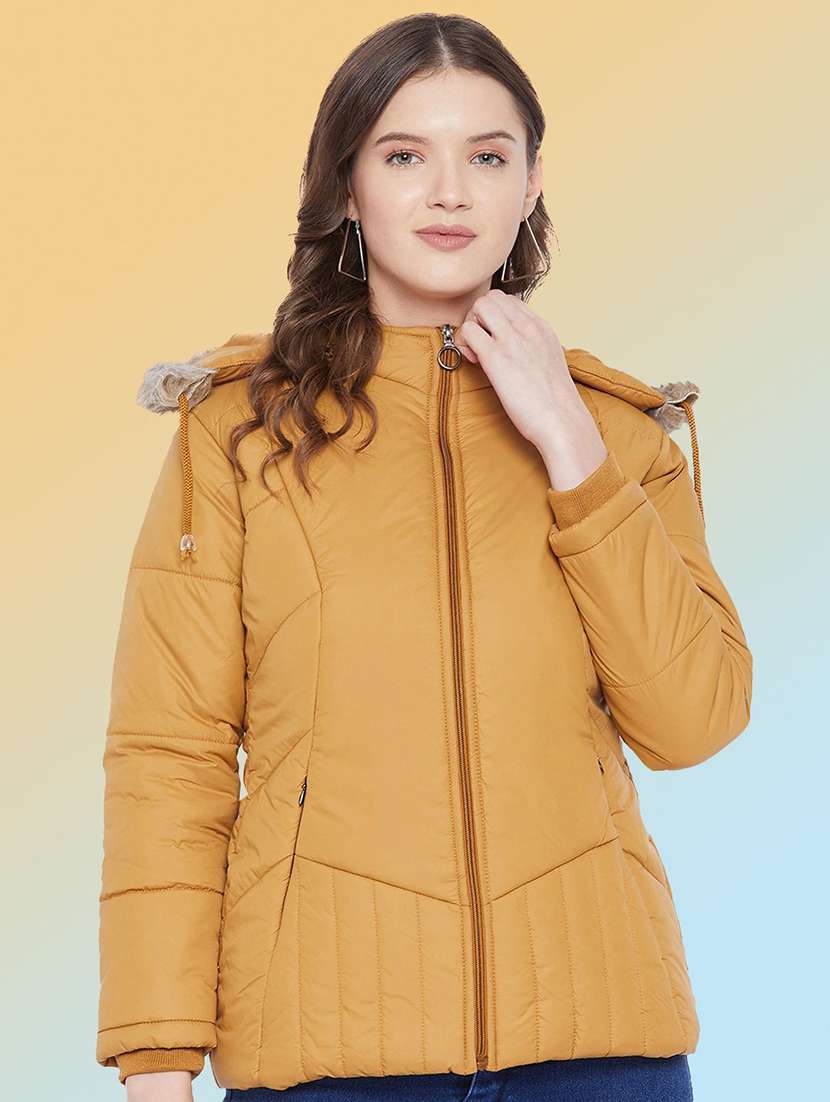 women solid long sleeve hooded quilted jacket