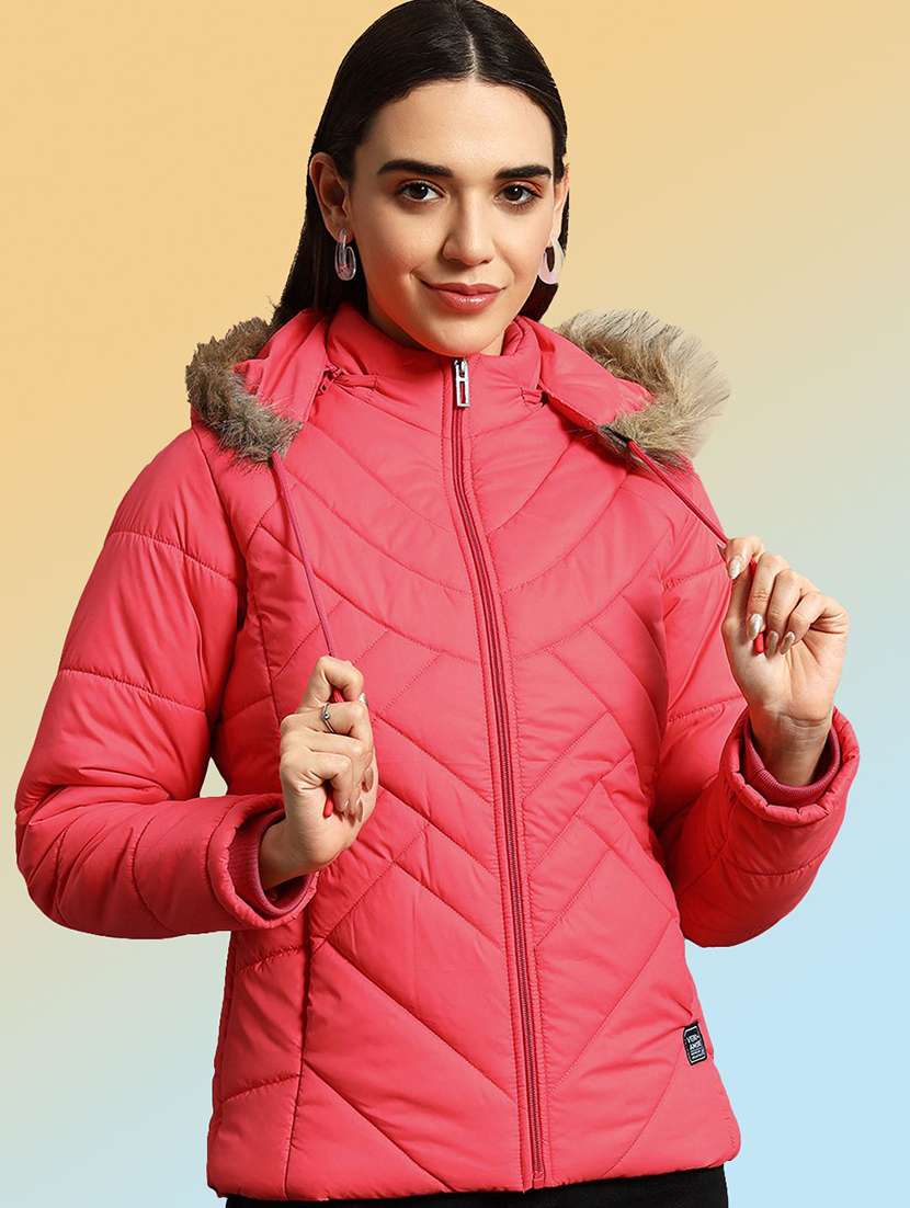 women solid long sleeve hooded quilted jacket