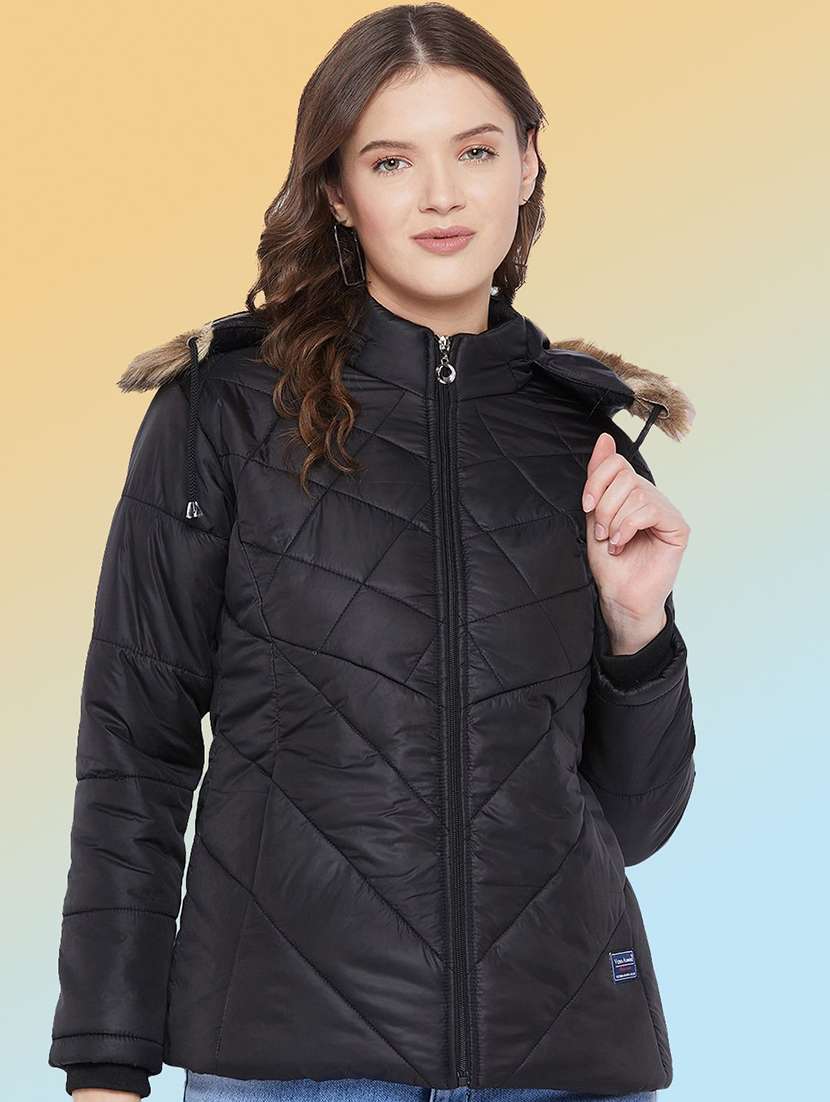 women solid long sleeve hooded quilted jacket