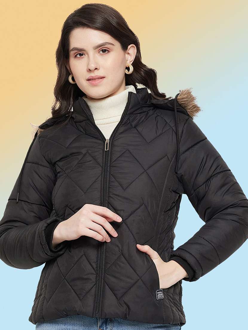 women solid long sleeve hooded quilted jacket