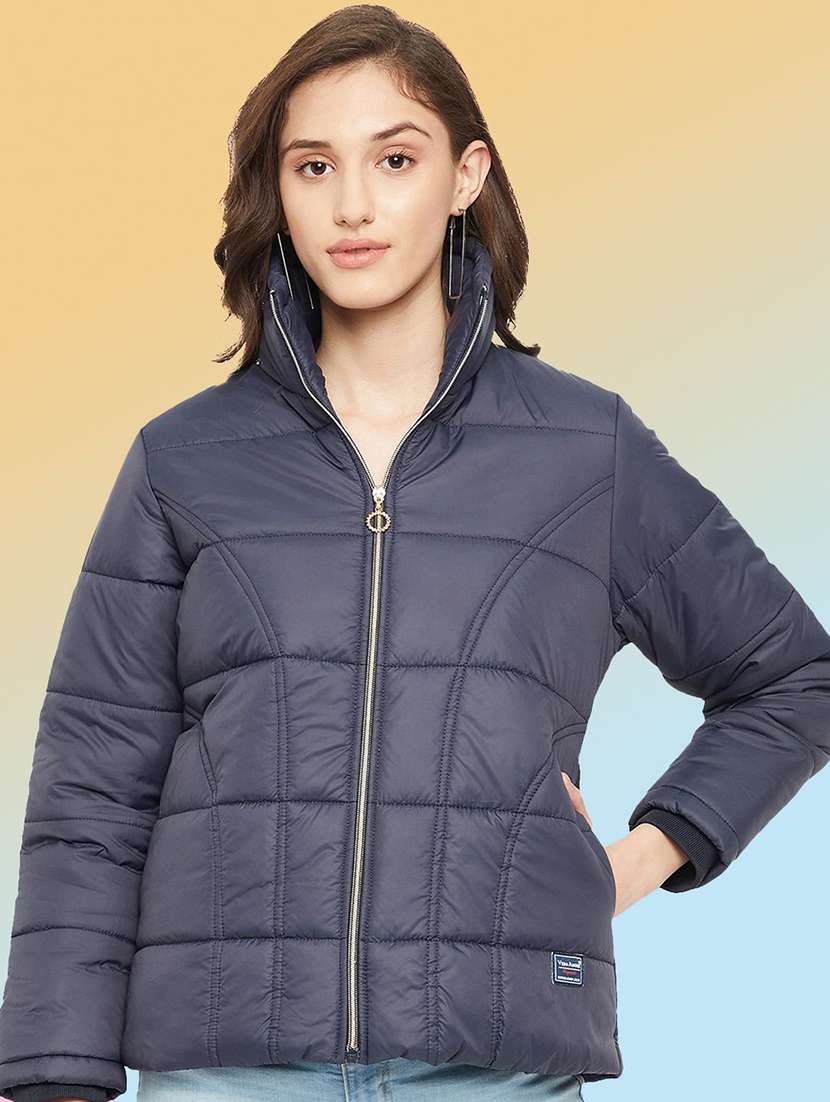 women solid long sleeve quilted jacket