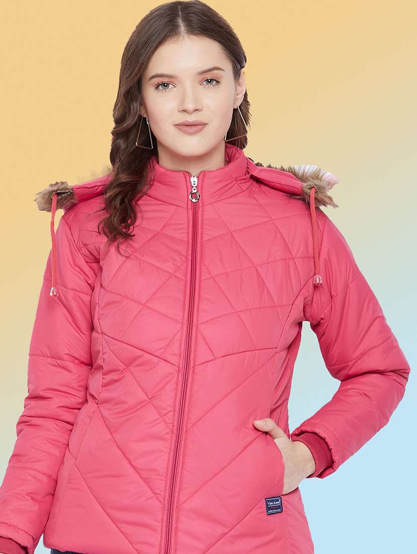 women solid long sleeve hooded quilted jacket