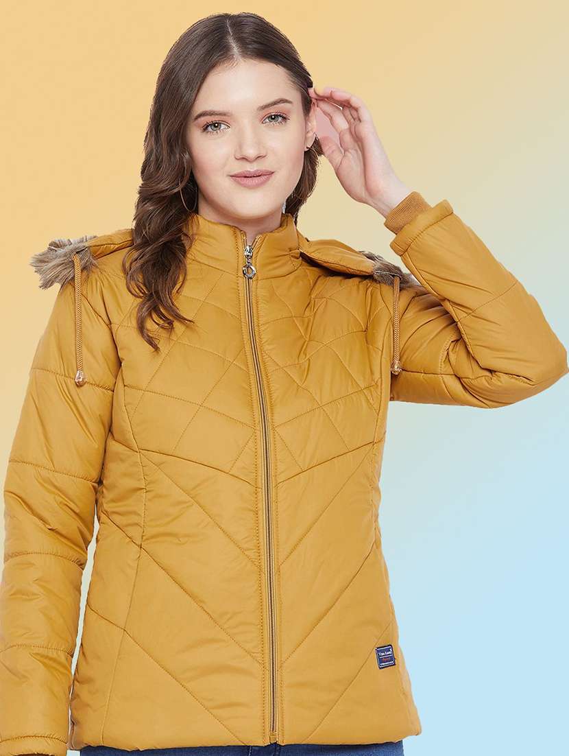 women solid long sleeve hooded quilted jacket