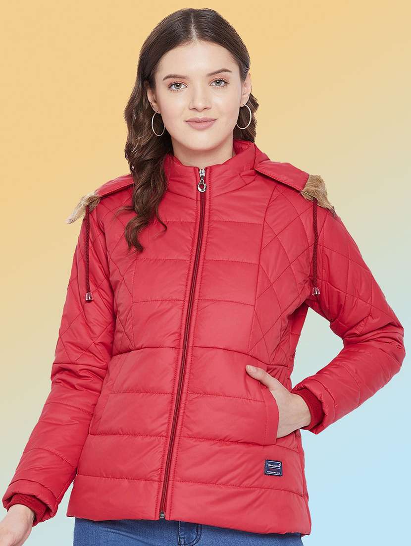 women solid long sleeve hooded quilted jacket