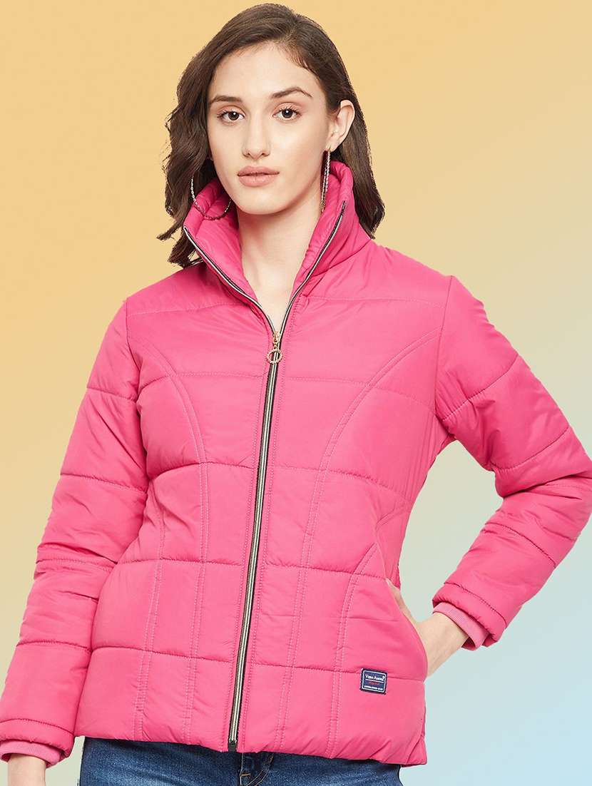 women solid long sleeve quilted jacket